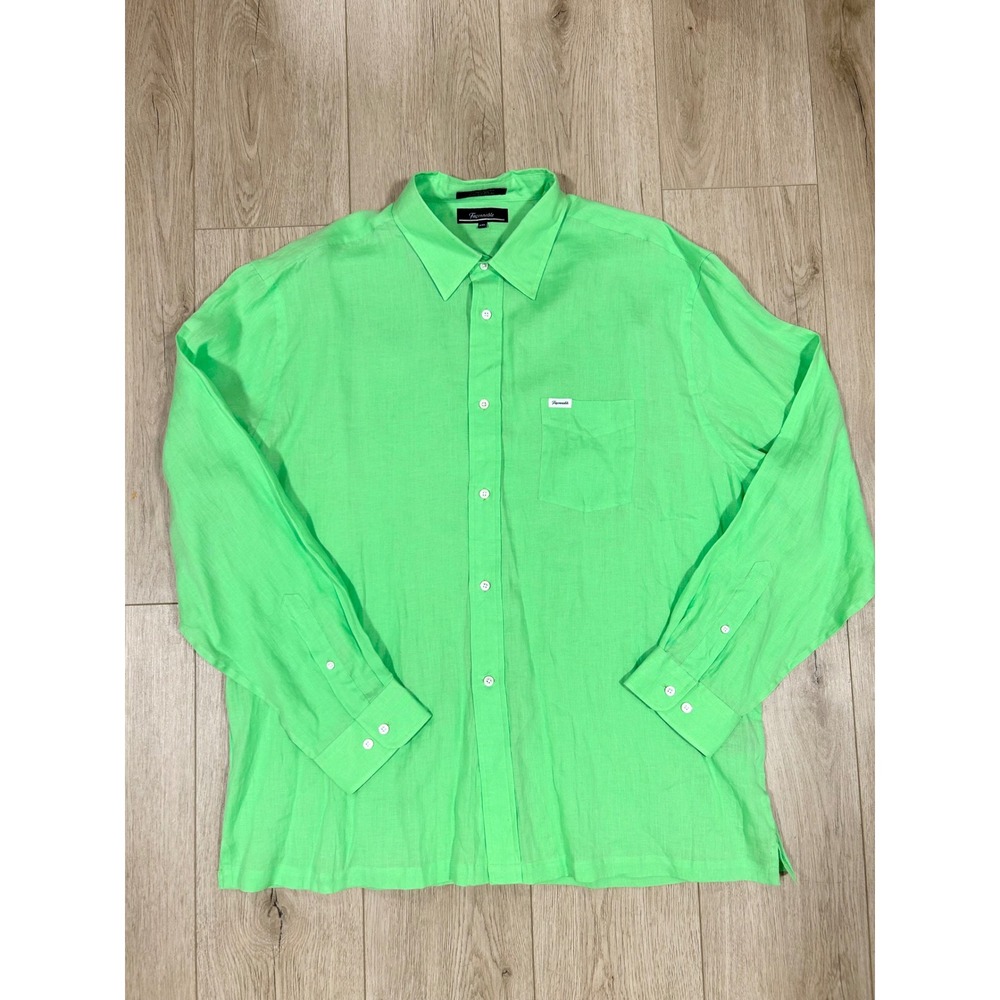 Faconnable Mens XXL Neon Lime Green 100% Linen Long Sleeve Button Down Shirt